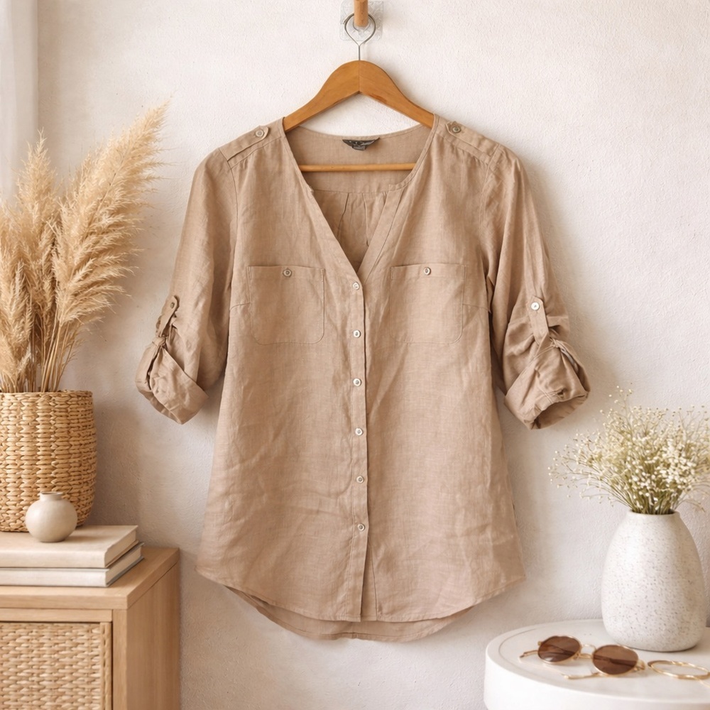 Go Silk 100% Linen Button Front Blouse Beige Small